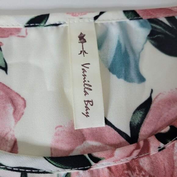 Vanilla Bay Dress Floral Short‎ Sleeve White Pink Roses Short Womens Large - Picture 9 of 13